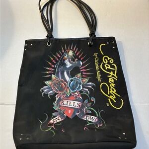 Ed Hardy Black Tote with Vibrant Tattoo Art